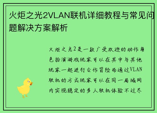 火炬之光2VLAN联机详细教程与常见问题解决方案解析